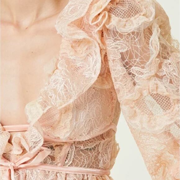 For Love And Lemons Pink Peach Ruffled Sheer Blouse Feminine Sexy Sheer Meredith - Picture 6 of 8
